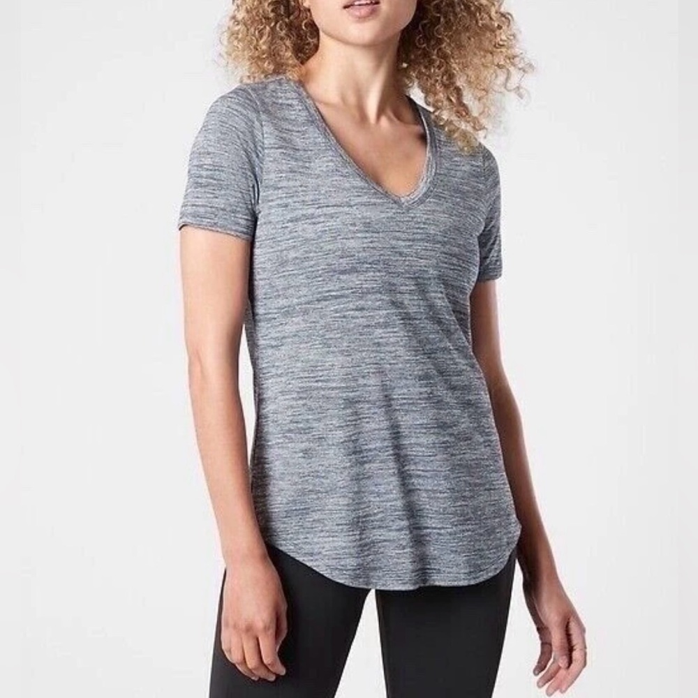 Athleta Top Women M Gray Space Dye Breezy Scoop V Neck Cap Sleeve Gym Shirt